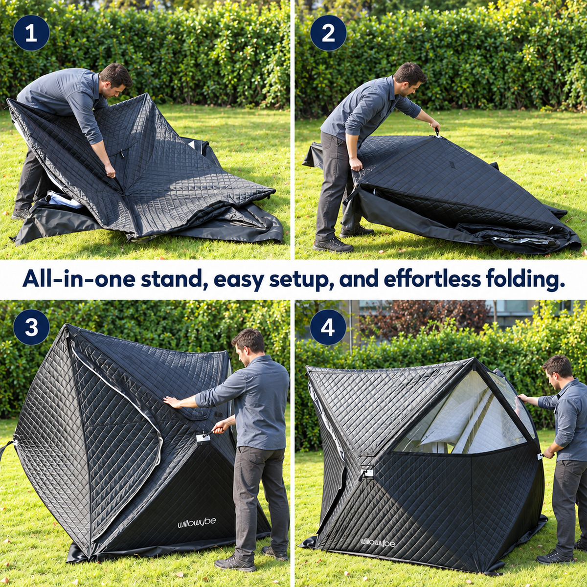 Four-step photo sequence of a person unfolding and setting up the Willowybe pop-up sauna tent on a lawn