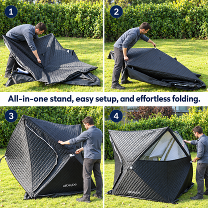 Four-step photo sequence of a person unfolding and setting up the Willowybe pop-up sauna tent on a lawn