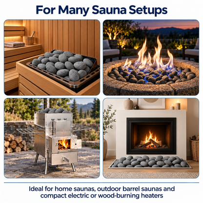 Four-panel promotional collage showing rounded stones in a sauna heater, a patio fire pit, an outdoor wood stove and beside a fireplace