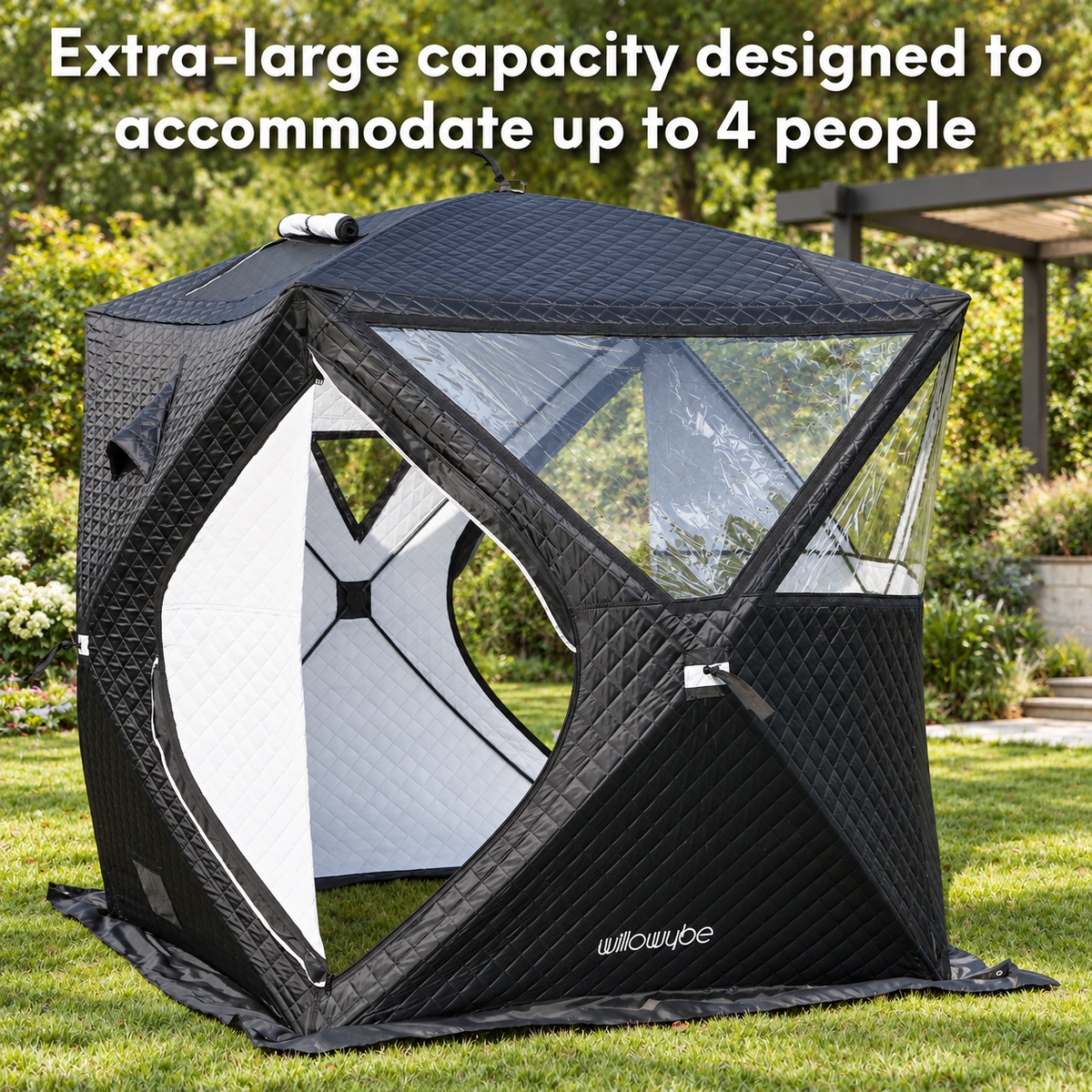 Willowybe four-person outdoor sauna tent on a lawn with open entrance, clear panoramic windows and visible insulated interior