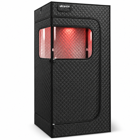 WillowyBe dry10 black portable dry sauna tent with a clear front window and red interior light