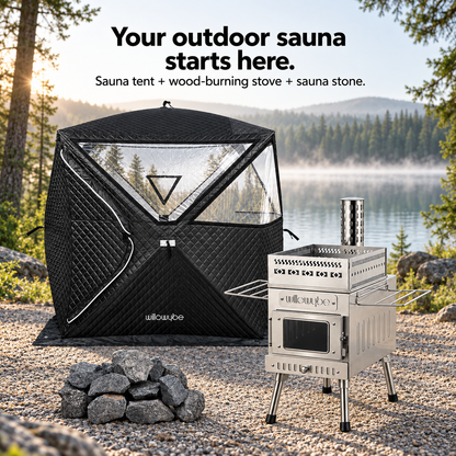 Willowybe sauna tent, wood-burning stove and rough sauna stones displayed in a lakeside promotional scene