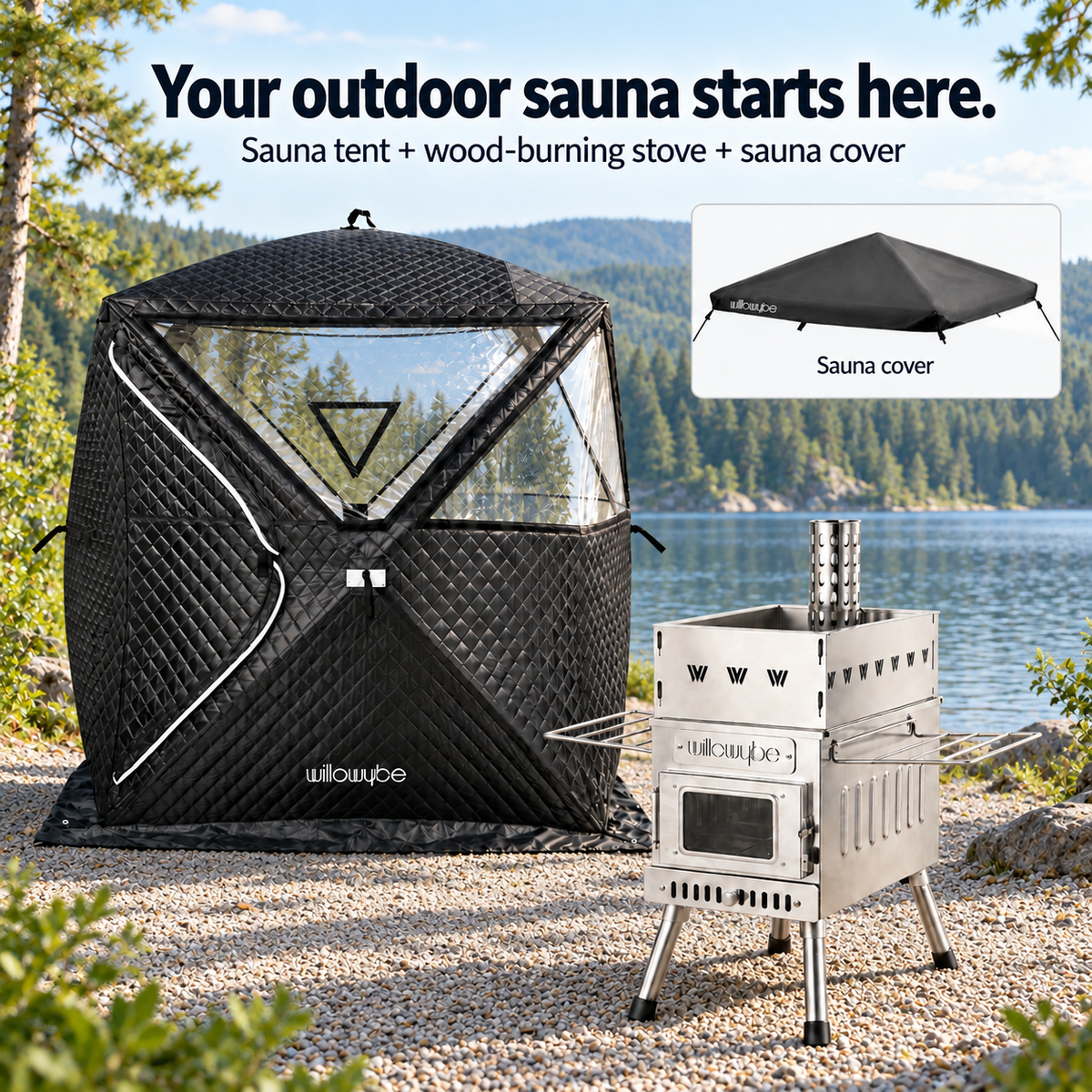 Willowybe sauna tent and wood-burning stove displayed beside a lake, with an inset showing the protective roof cover