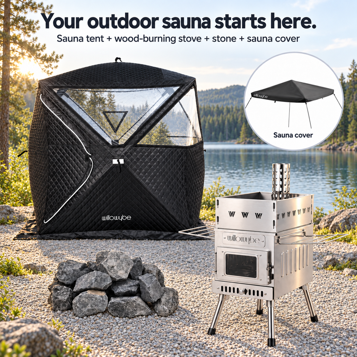 Willowybe sauna tent, wood stove and rough stones in a lakeside promotional scene, with an inset showing the protective roof cover