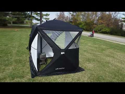 Willowybe outdoor sauna video thumbnail showing a panoramic-window tent with an open entrance and wood-burning stove inside